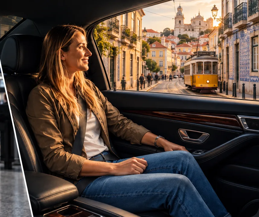 A relaxed passenger smiling in the back of a taxi as it drives through Lisbon