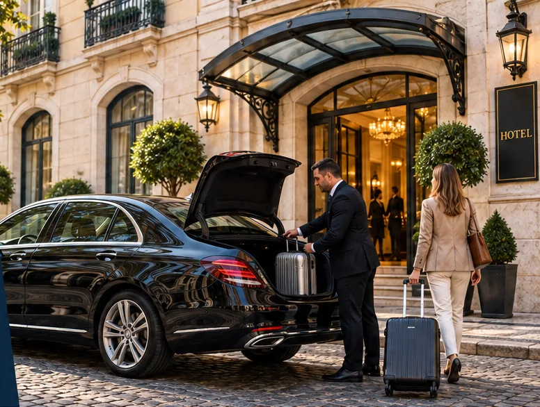 A driver loading a guest's suitcase into a black sedan outside a Lisbon hotel