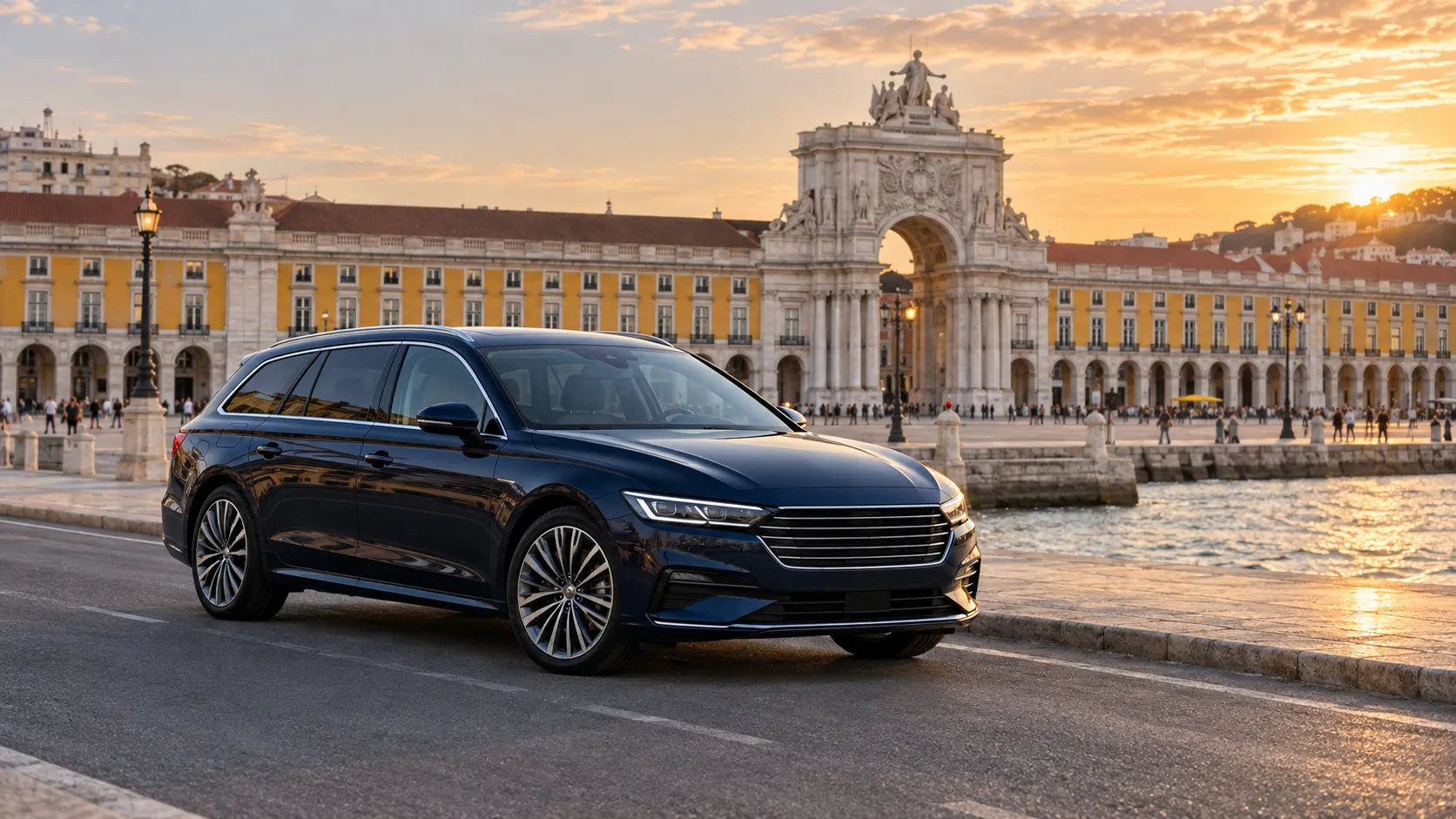 Dark blue estate taxi parked on the Tagus waterfront in front of Praça do Comércio at sunset
