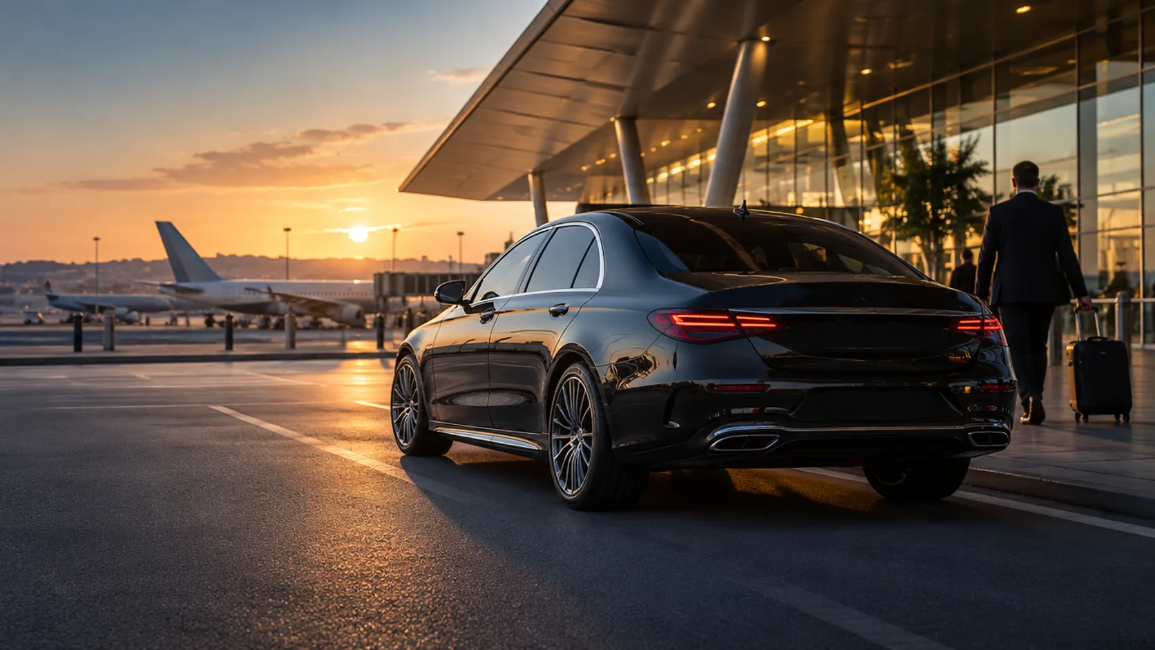 Black executive saloon parked outside an airport terminal at sunset, with a traveller wheeling a suitcase and an aircraft on the apron behind