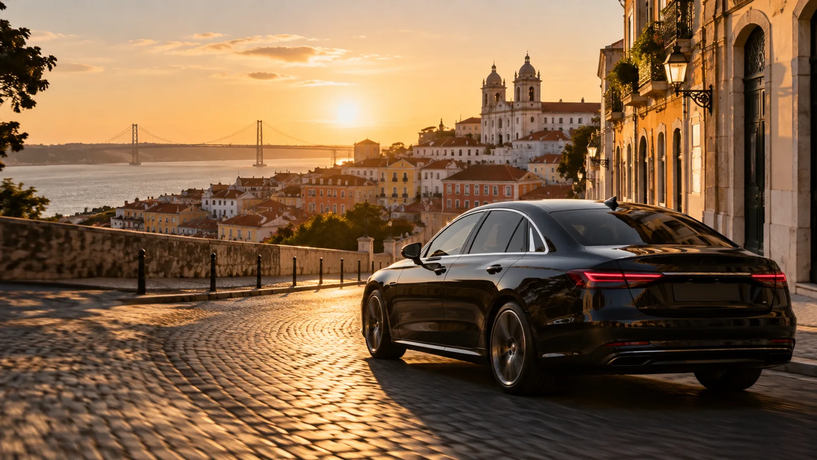 Black saloon car on a cobbled Lisbon street at golden hour, with the old-town rooftops and a suspension bridge over the river behind
