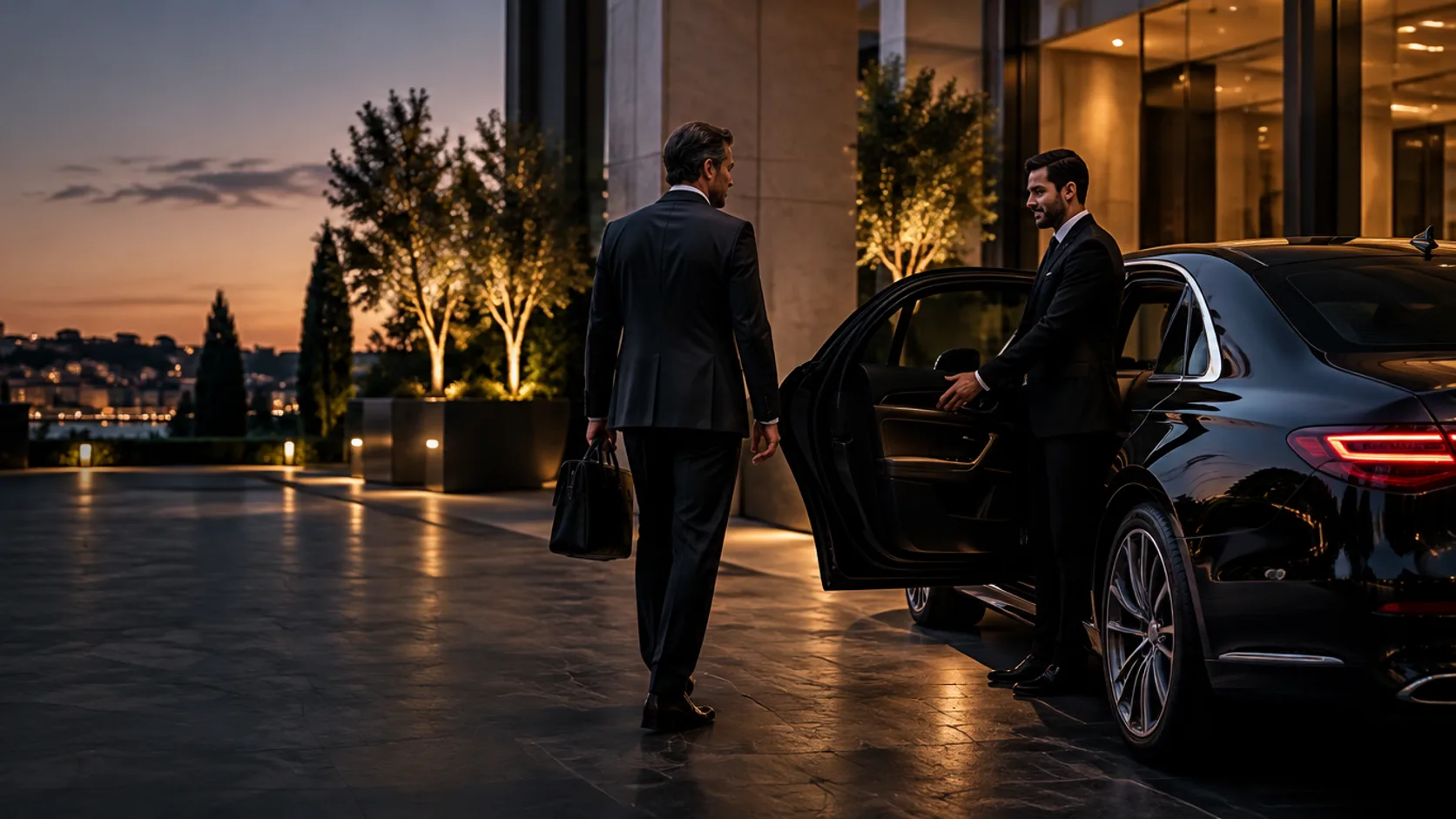 Chauffeur holding the door of a black executive saloon for a businessman with a briefcase outside a hotel at dusk, with the Lisbon skyline lit up behind
