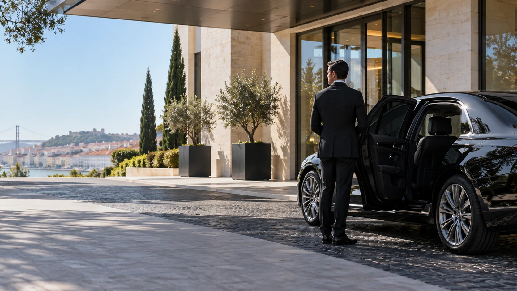 Chauffeur in a dark suit standing beside the open door of a black executive sedan outside a hotel entrance, with Lisbon and the 25 de Abril Bridge in the distance