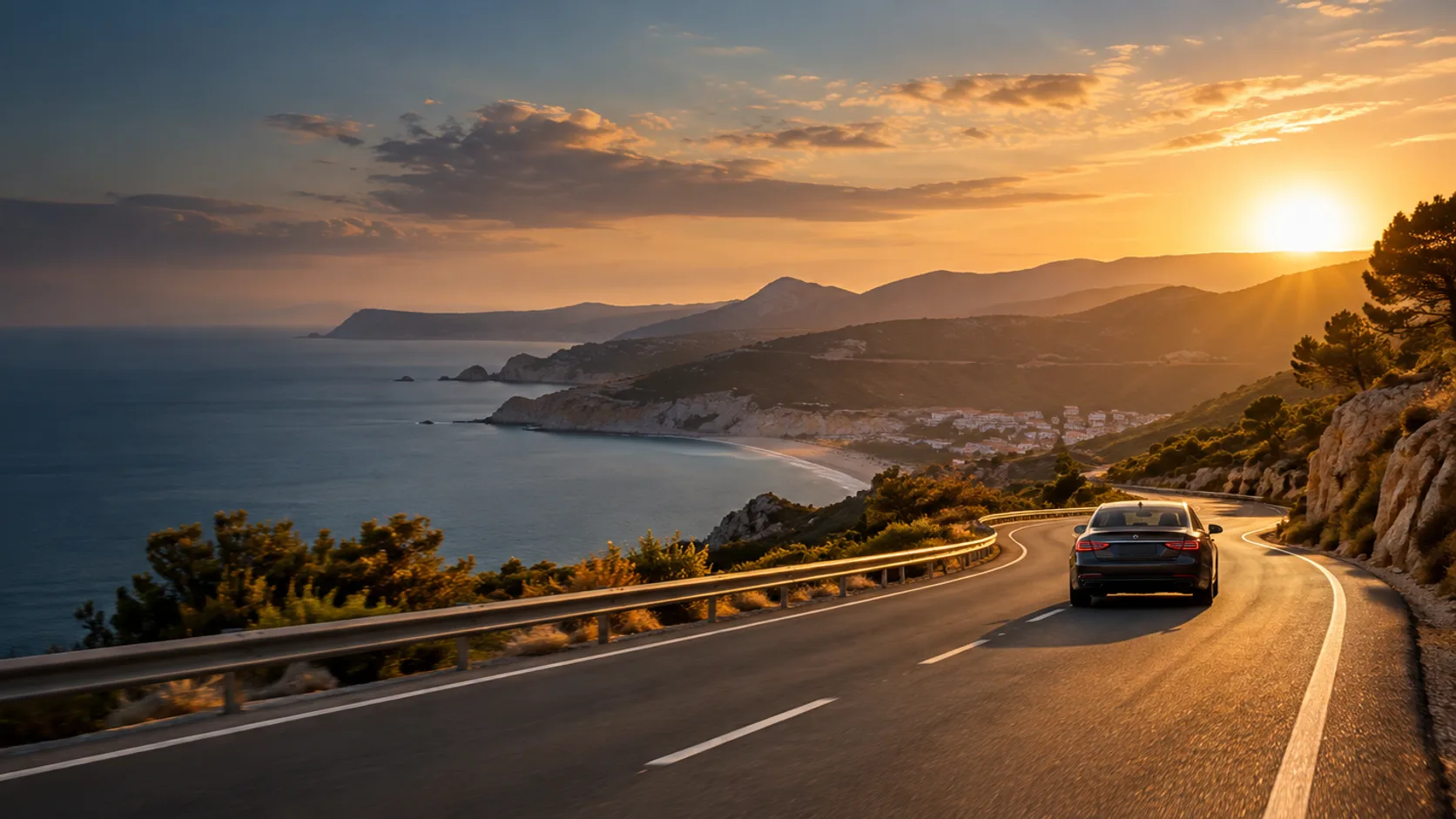 Dark saloon car driving along a coastal road at sunset, with the sea, cliffs and a bay of white houses in the distance
