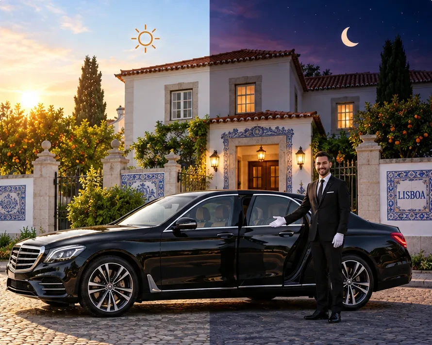 A chauffeur opening the door of a black car outside a Portuguese villa, half in daylight and half at night