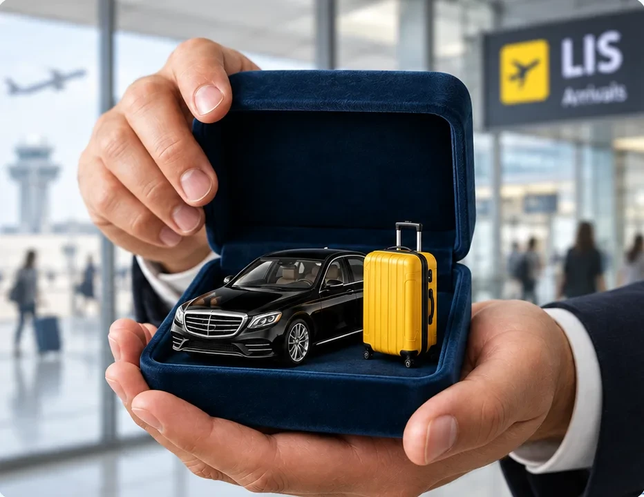 A chauffeur presenting a black saloon car and a yellow suitcase in a velvet box at Lisbon Airport arrivals