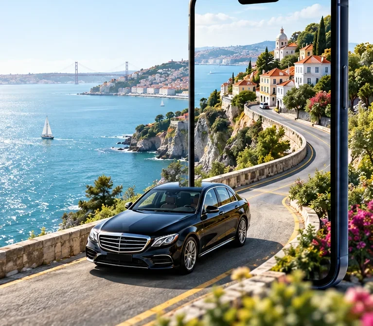 A black taxi on a coastal road, seen through a phone screen
