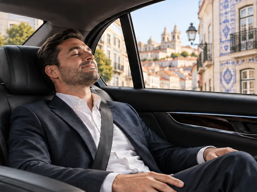A relaxed passenger resting in the back seat of a premium car with Lisbon rooftops outside