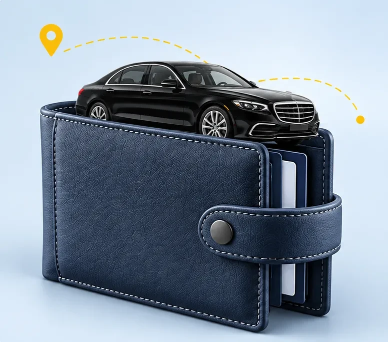 A black saloon car on top of a navy leather wallet with a route line and map pin