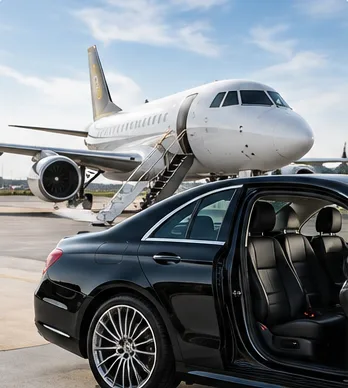 Black sedan with open door beside a private jet