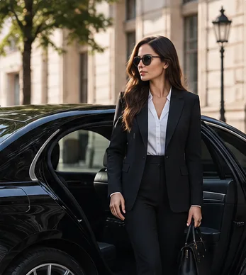 Businesswoman stepping out of a black executive car