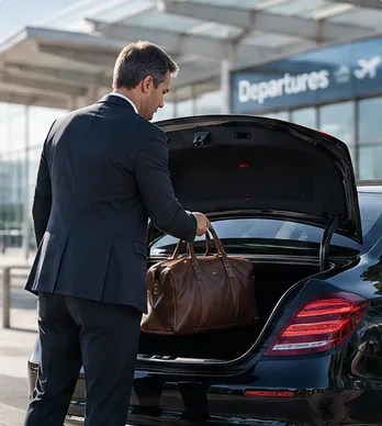 Driver loading a leather bag into a car boot at airport departures